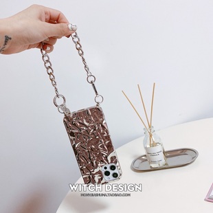 ins网红折纸电镀纹路适用苹果15金属链条iphone14promax手机壳16X锡纸金属感工业风手提防丢