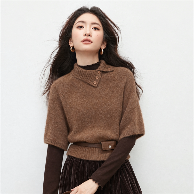 洋气时尚慵懒风翻领斗篷毛衣半身裙三件套装女秋冬穿搭针织衫上衣