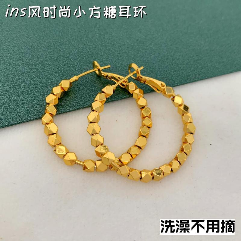 越南沙金女镀金方糖耳环不掉色