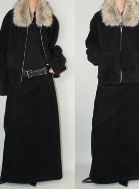 AIRROOM 高级感小个子短款毛领上衣黑色加厚夹克棉衣外套女冬季