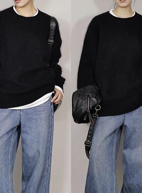 AIRROOM极简黑色圆领兔绒复古男友风宽松慵懒百搭廓形套头大毛衣