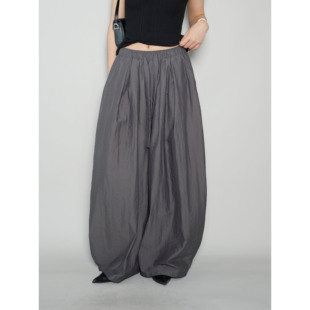 AIRROOM皱感复古慵懒锦纶松弛休闲打褶阔腿休闲裤 百搭显瘦长裤