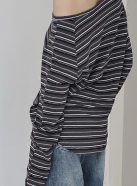 AIRROOM复古纽扣休闲条纹斜一字肩堆堆袖显瘦针织衫长袖T恤女春