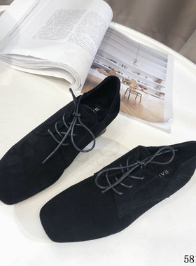 巴迪雅女鞋2019冬新欧洲站粗跟羊绒真皮加绒方头系带单鞋女58111