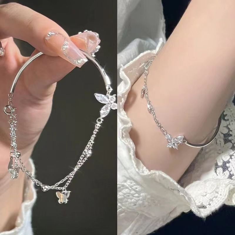 半镯蝴蝶手链破碎感闪钻双层链条