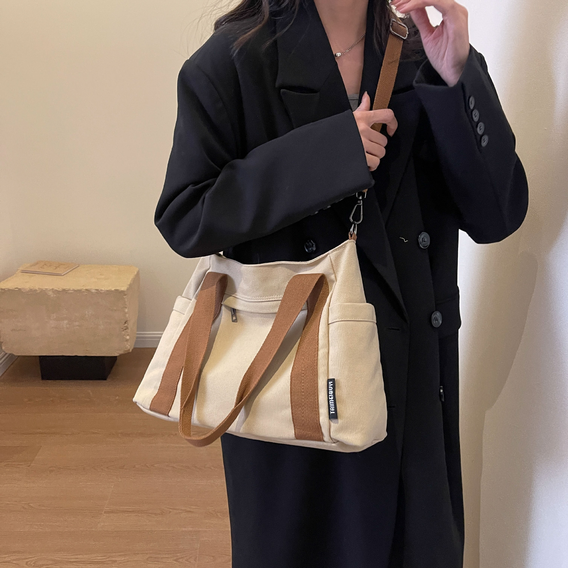 斜跨包女帆布拉链款通勤托特包
