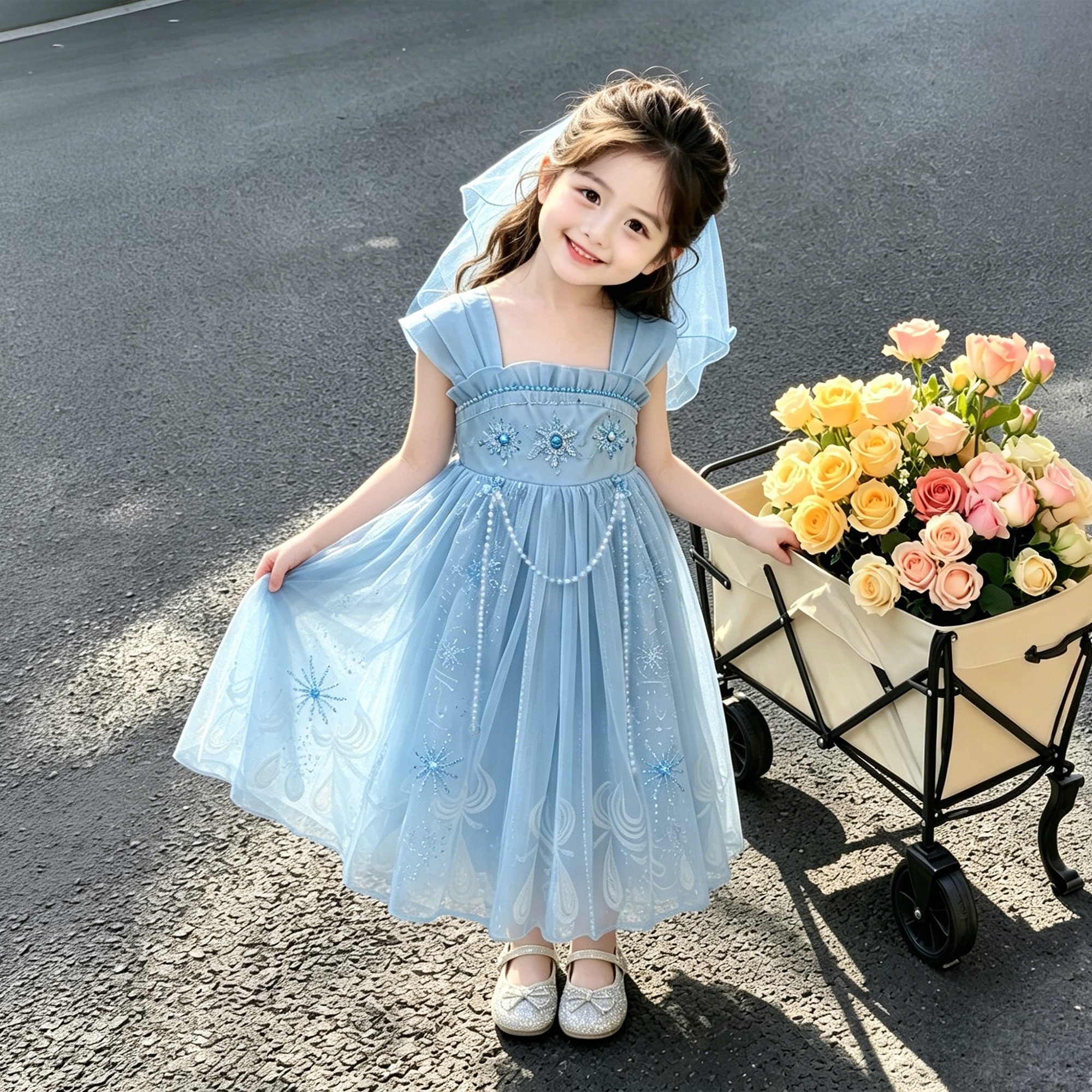 夏季女童爱莎蓝色雪纺公主长裙