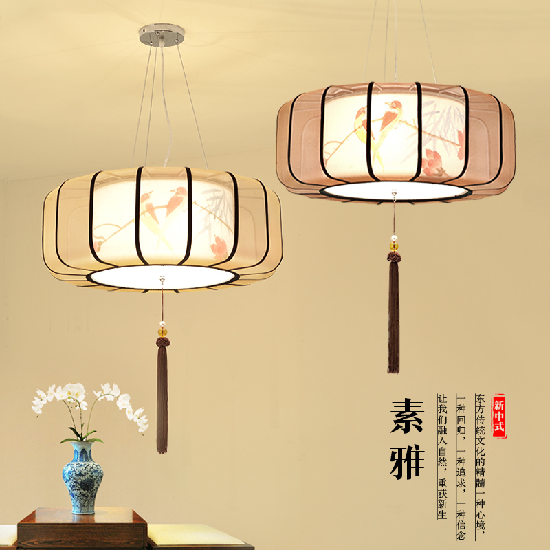 新中式吊灯餐厅灯古典客厅灯布艺仿古酒店茶楼手绘圆形中国风灯具