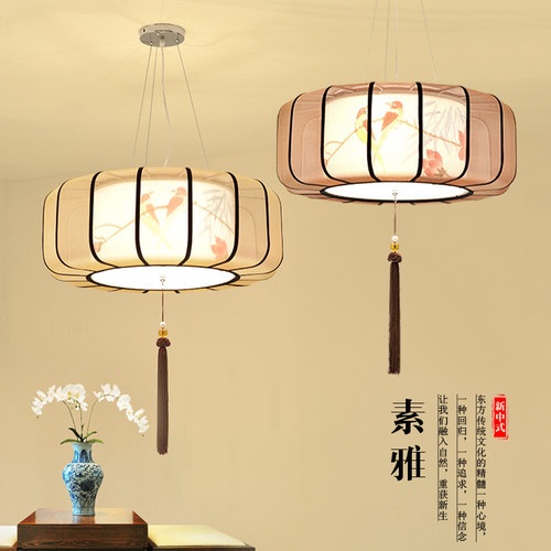 新中式吊灯餐厅灯古典客厅灯布艺仿古酒店茶楼手绘圆形中国风灯具