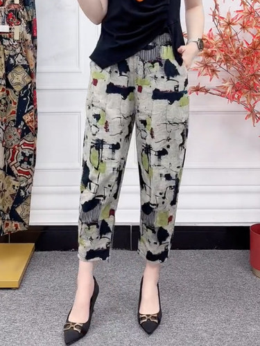 春夏新款亚麻棉麻妈妈装裤子九分夏季中老年女装长裤子哈伦裤纯薄