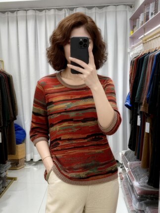 大码女装打底衫中老年五分袖上衣纯棉针织衫春夏新妈妈T恤棉线麻