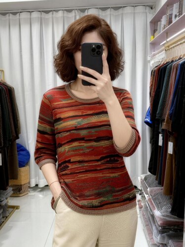 大码女装打底衫中老年五分袖上衣纯棉针织衫春夏新妈妈T恤棉线麻