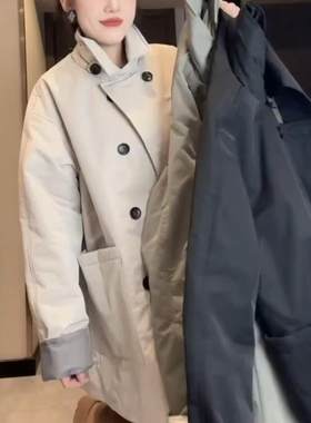欧洲站中长款风衣加棉外套翻领