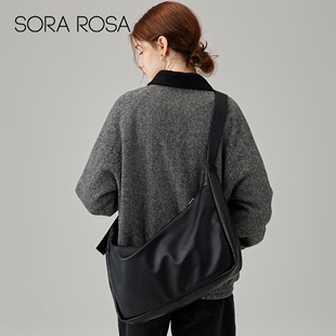 SORAROSA新款 黑色斜挎大容量包杂物包宽肩带包通勒包软皮托特包女