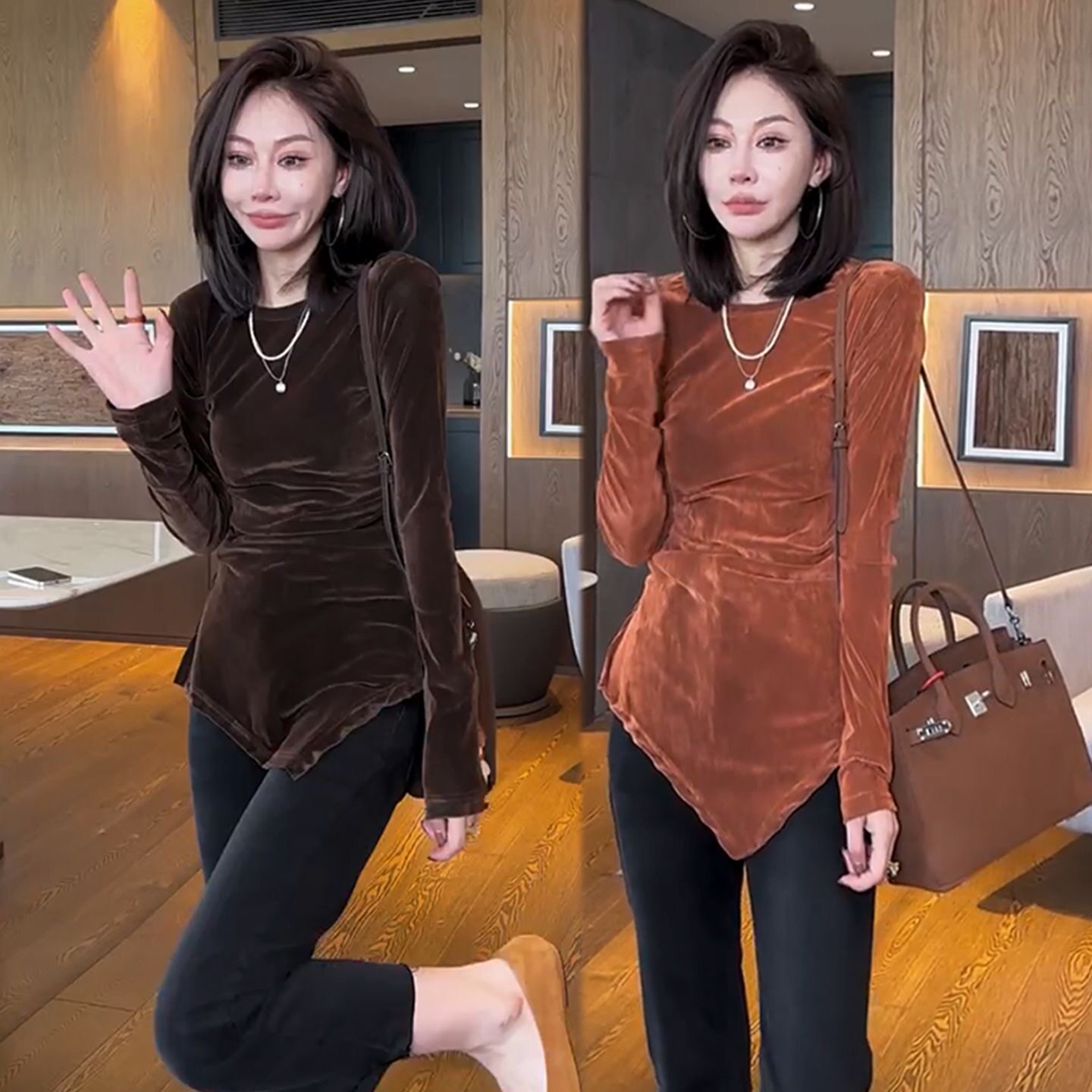 不规则金丝绒长袖T恤女
