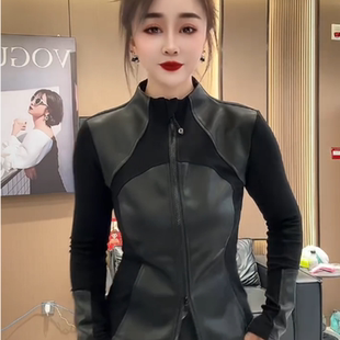 欧货秋冬新款设计感拼接翻领拼皮长袖加绒显瘦洋气收腰打底衫上衣