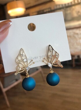 新品耳饰民族风蓝色妖姬耳环珍珠耳坠法式港风小众高货气质银针