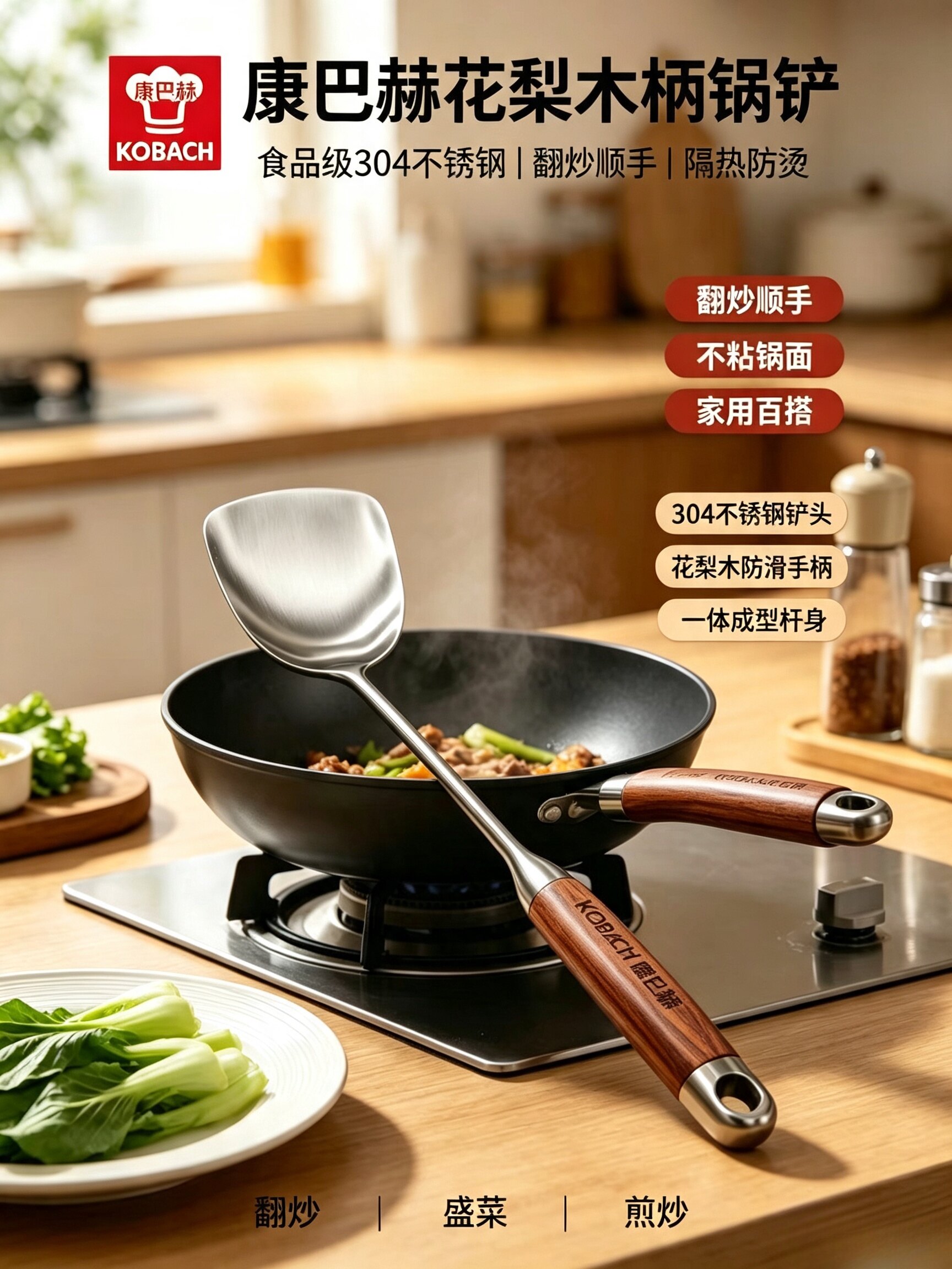 康巴赫花梨木柄食品级304不锈钢锅铲家用炒菜锅不粘锅无涂层锅铲