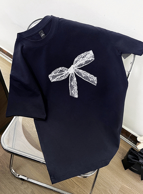 2024新款复古深蓝色短袖t恤男女夏季宽松oversize设计感半袖上衣