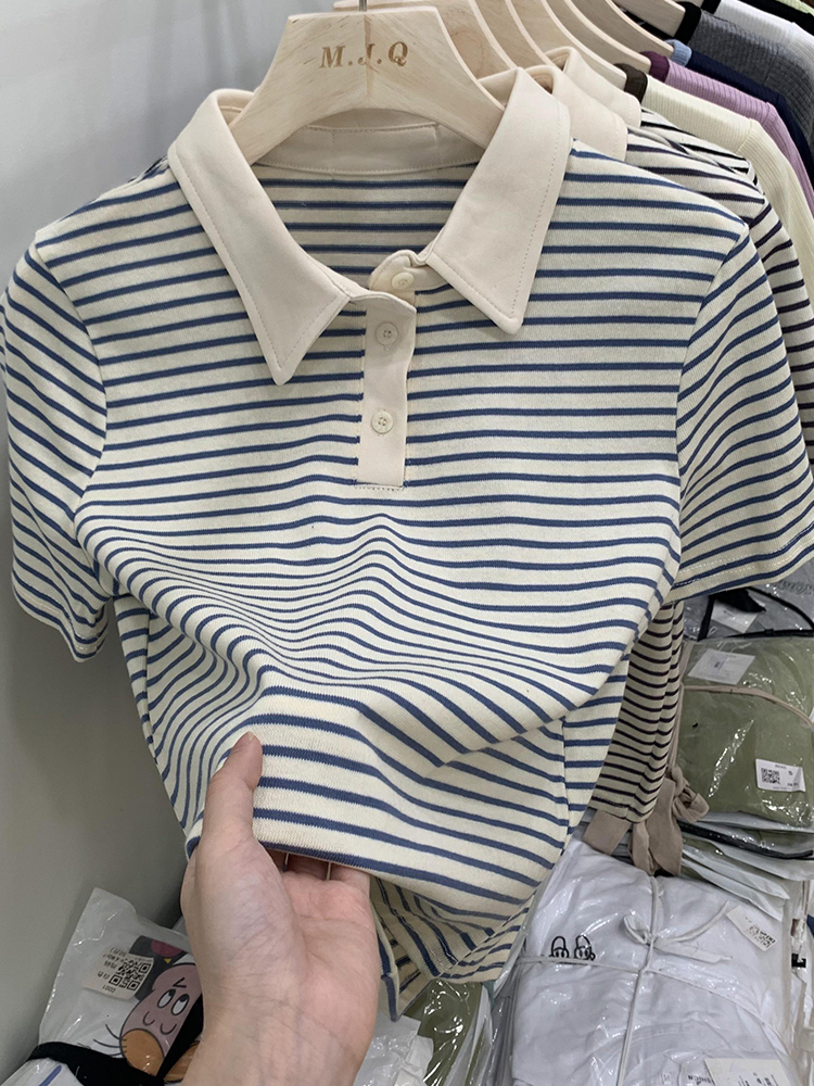 韩版小个子Polo衫短袖女条纹t恤