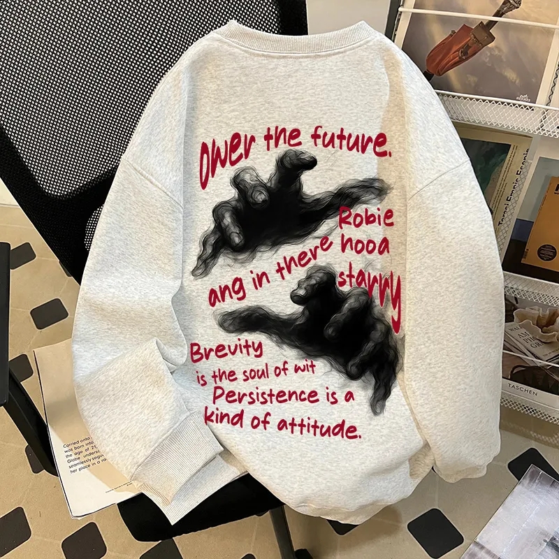 2025年春秋季新款印花字母卫衣外套女装加绒加厚圆领套头保暖上衣
