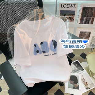 捡漏圆领植绒字母白色T恤女ins日系原宿风百搭宽松短袖上衣潮