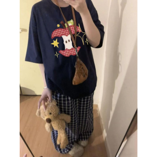 韩版宽松型圆领美式卡通风藏青色短袖T恤女夏季宽松百搭印花上衣