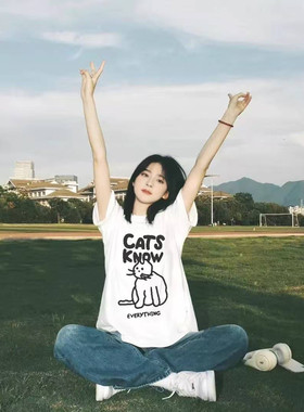 男女通用韩版美式卡通猫咪印花短袖T恤男女宽松休闲白色半袖夏季