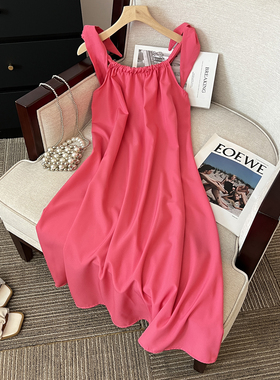 捡漏外贸度假风系带吊带连衣裙女夏季宽松显瘦A字裙蓝色中长裙子