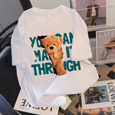 夏季小熊字母印花纯棉短袖白色t