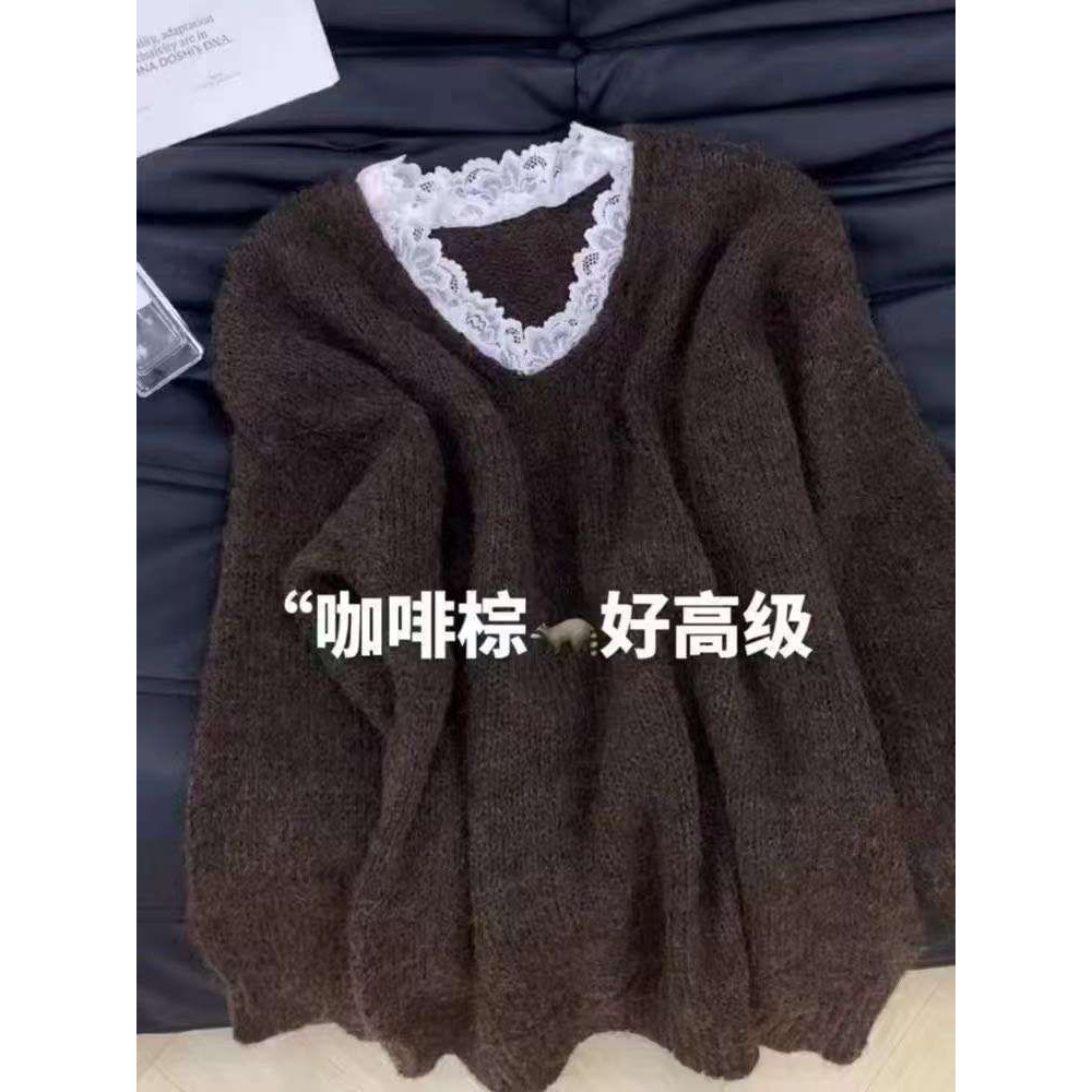 大牌原单外贸出口尾货咖色蕾丝领拼接套头毛衣女款新款慵懒风穿搭