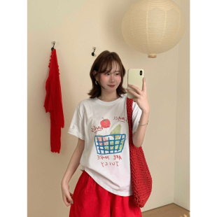 创意印花上衣白色通勤风 T恤女2026夏季 圆领套头韩版 慵懒宽松短袖