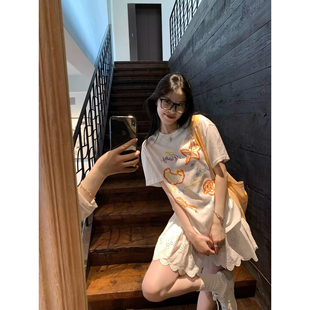 男女通用圆领韩版 小众设计百搭上衣白色 童趣印花T恤女夏宽松短袖