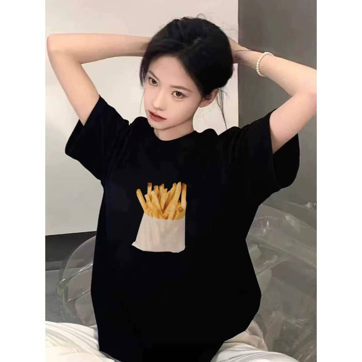 宽松型男女通用美式风薯条印花短袖T恤男女宽松圆领减龄百搭上衣