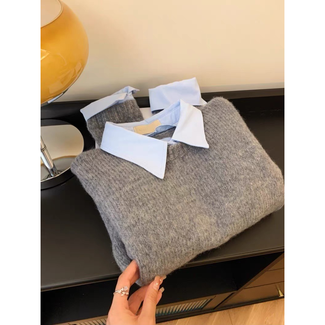 外贸出口原单大牌假两件衬衫领毛衣慵懒风撞色翻领灰色针织衫上衣