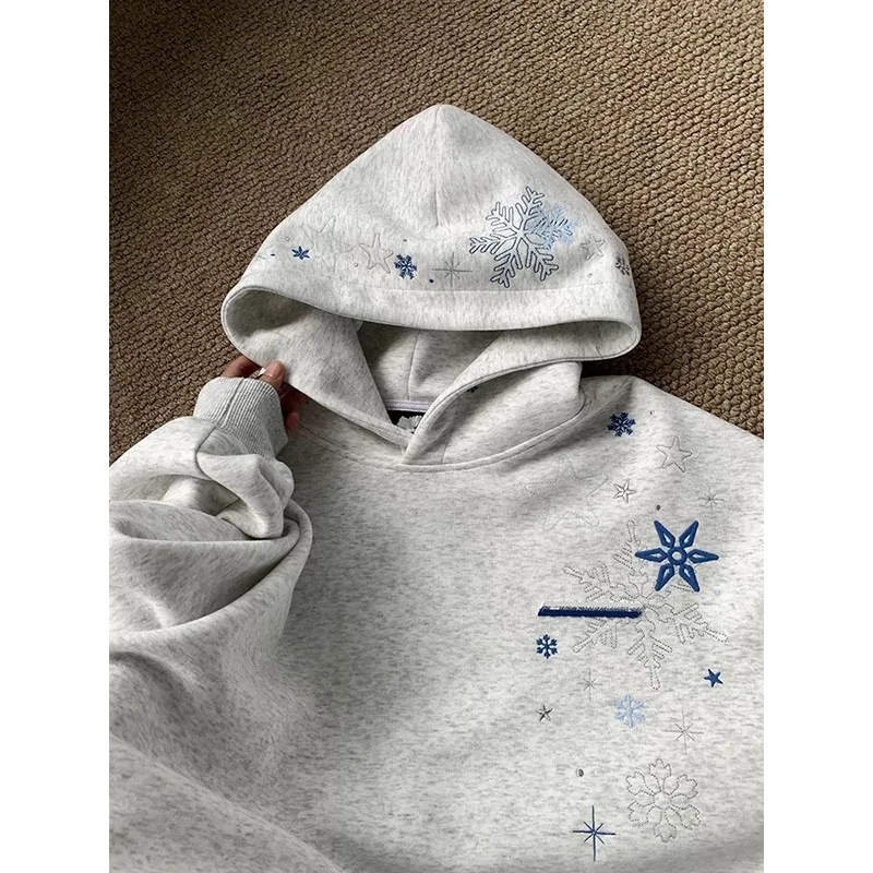 连帽衫女秋冬加绒美式高街刺绣雪花连帽卫衣宽松休闲百搭情侣上衣