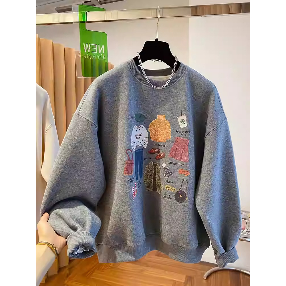 清仓外贸撤柜俏皮卡通印花长袖卫衣女灰色加绒加厚小个子大码上衣