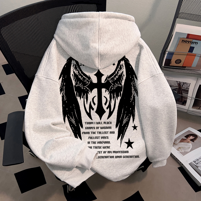 美式复古翅膀印花连帽卫衣男女装秋冬季加绒保暖外套重磅宽松加厚