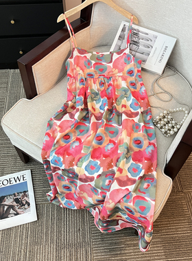 捡漏复古油画碎花吊带连衣裙女夏季法式宽松显瘦海边度假风长裙子