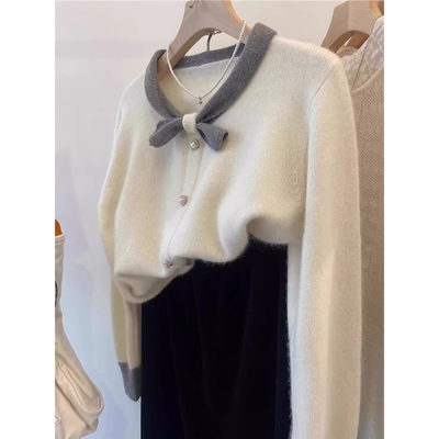 外贸原单尾货大牌灰色蝴蝶结毛衣秋冬软糯慵懒针织开衫外套设计感