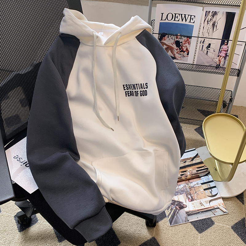 插肩袖2025新款撞色加绒连帽卫衣女宽松套头慵懒风学院风上衣情侣