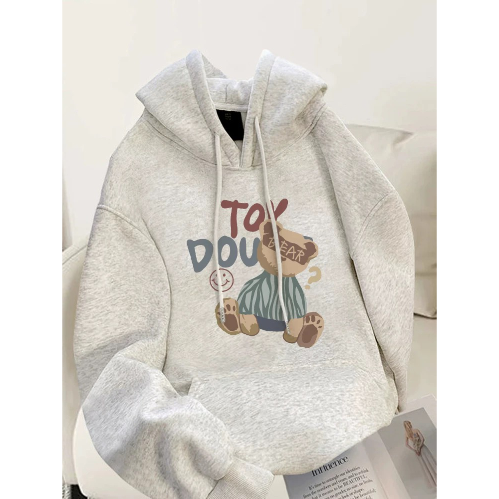 休闲卡通小熊连帽卫衣外贸原单尾货大牌宽松加绒厚帽衫松弛感上衣