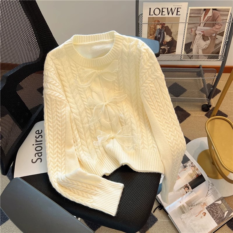 甜美减龄气质温柔风蝴蝶结麻花针织开衫女秋冬宽松慵懒风毛衣外套