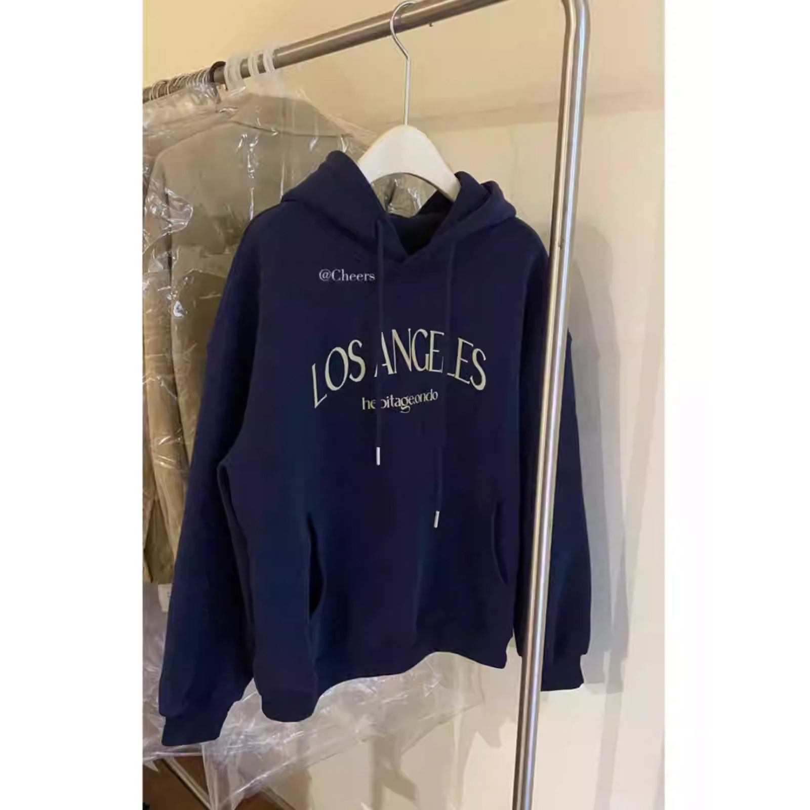 外贸原单尾货大牌美式复古风藏青色字母印花卫衣oversize连帽上衣