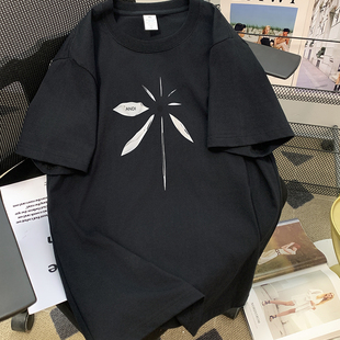 黑色t恤女短袖宽松纯棉大童新款夏季欧货大版美式中长款半袖上衣