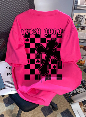 捡漏~复古街头棋盘格印花玫红色纯棉短袖t恤女装宽松修身显瘦半袖