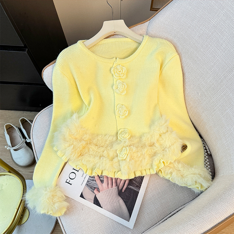 大牌原单外贸设计感立体花朵流苏毛毛长袖针织衫女秋气质短款上衣