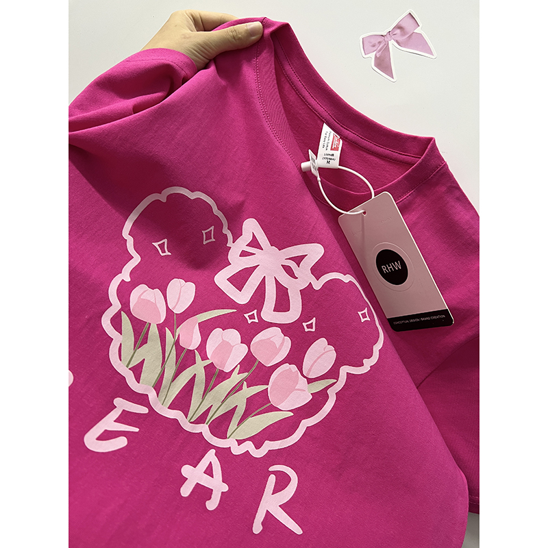 甜酷风美式辣妹正肩玫红色t恤女