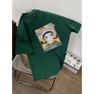 重磅绿色短袖t恤男女潮牌宽松情侣装夏季港味复古chic半袖体恤衫