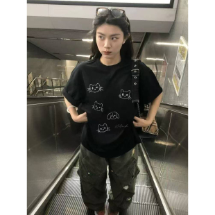 猫咪图案休闲男女通用韩版小猫印花短袖T恤宽松黑色通勤上衣夏季